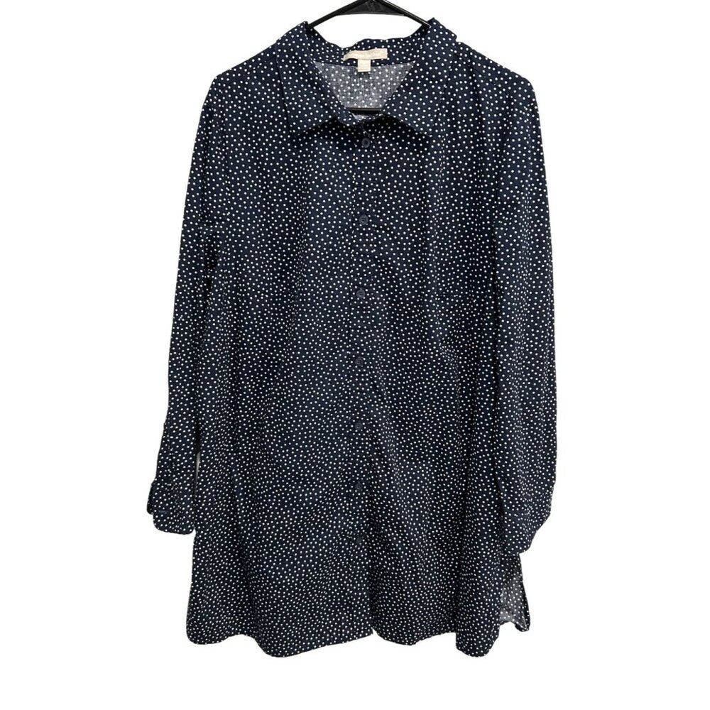 Woman Within Navy White Polka Dot Button Down Shirt 1X Long Sleeve Collared Top